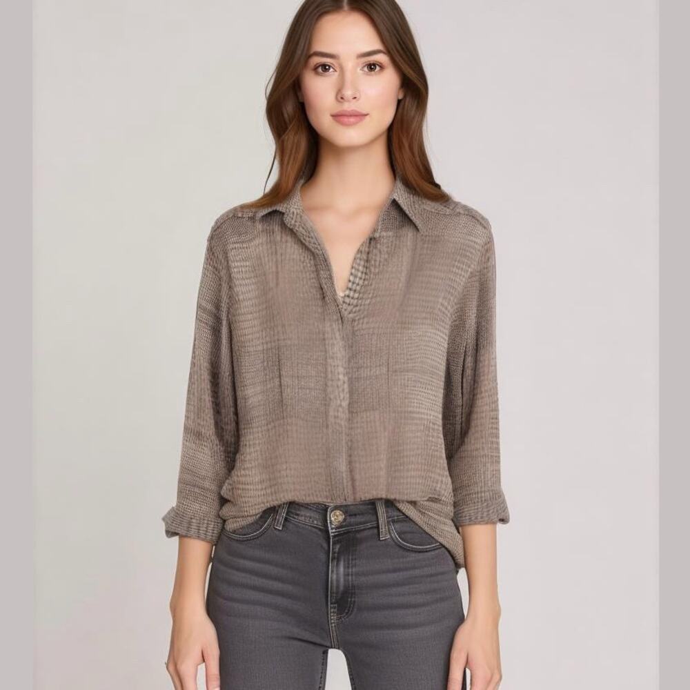 Calvin Klein Jeans Gray Taupe Abstract Print Long Sleeve Knit Blouse Top M